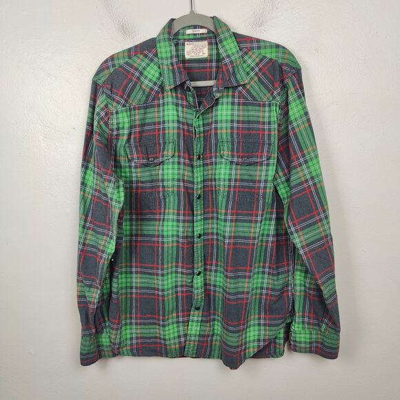 Lucky Brand Flannel Shirt Mens Large Green Red Plaid Pearl‎ Snap Western Cowboy - Picture 1 of 8